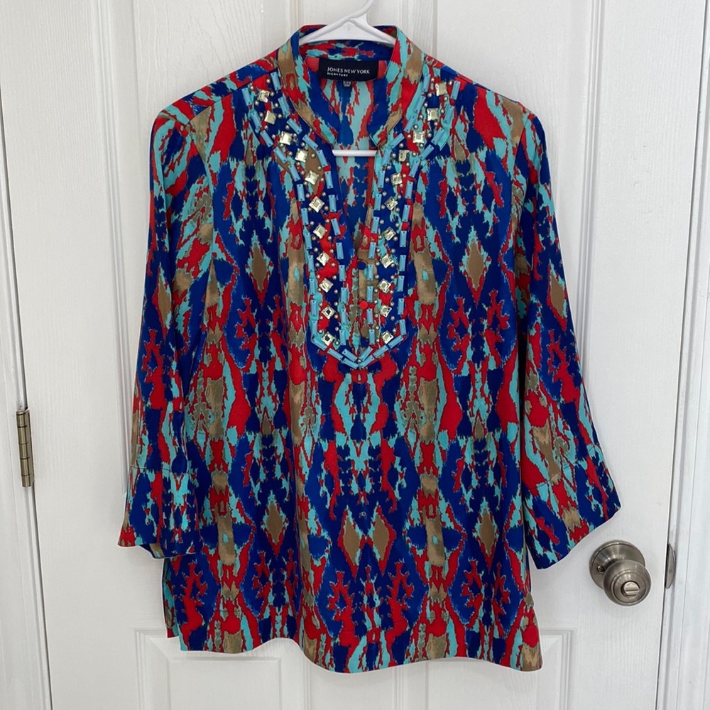 EUC Jones New York Signature Beaded Aztec print blouse Tunic S